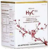  ??  ?? Premium HyC150, described as a modernday fountain of youth, comes in ready-tomix supplement drinks.