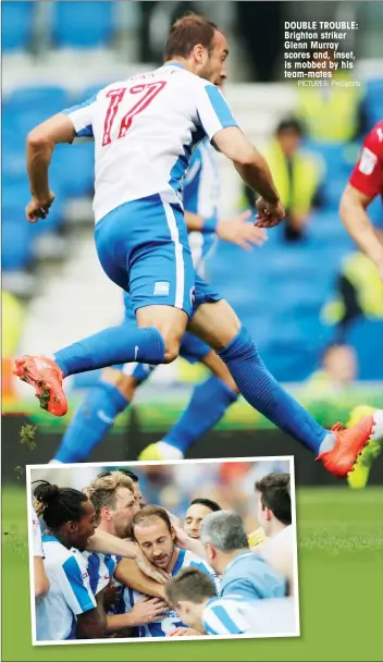  ?? PICTURES: ProSports ?? DOUBLE TROUBLE: Brighton striker Glenn Murray scores and, inset, is mobbed by his team-mates