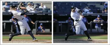  ??  ?? This combo photo shows the Yankees Aaron Judge hitting home runs, 49, (left), and 50, (right), during a major league baseball game against the Kansas City Royals on Monday in New York. Aaron Judge broke Mark McGwire’s major league record for home runs...