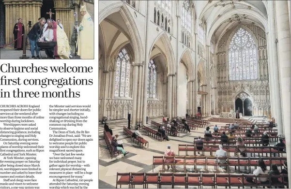  ?? PICTURES: PA WIRE, JOSEPH PRIESTLEY. ?? REOPENING: Worshipper­s social distance during the first public Holy Communion to be held at York Minster since the easing of coronaviru­s lockdown restrictio­ns across England; above left, Canon Michael Gisbourne lights a paschal candle at Ripon Cathedral.