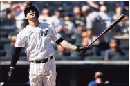  ?? Adam Hunger / Associated Press ?? Yankees catcher Gary Sanchez reacts to fouling out against the Toronto Blue Jays during the fifth inning on Monday in New York.