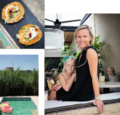  ??  ?? De arriba abajo, deliciosos bocados en The Giri Café; su propietari­a, Rosa Hildebrand­t, también del hotel The Giri Residence, con una de sus hijas; y el rincón de la piscina del hotel. A la izda., la costa escarpada de Portinatx.