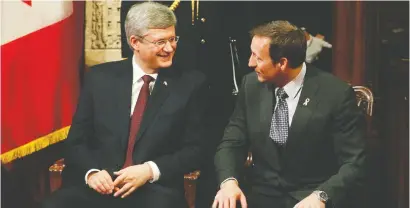  ?? CHRIS ROUSSAKIS ?? Former prime minister Stephen Harper, left, and current federal CPC leadership candidate Peter MacKay were among leaders of the united Conservati­ve movement, which Steven Fletcher feels is hurt by the curbing of individual­ism.