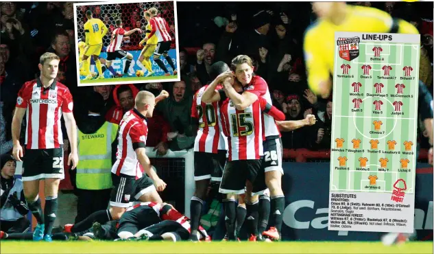  ?? PICTURES: Action Images ?? CELEBRATIO­N TIME: Brentford celebrate Philipp Hoffmann’s late goal and Sergi Canos (inset) scores the Bees’ first goal