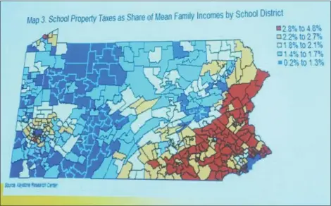  ?? EVAN BRANDT — DIGITAL FIRST MEDIA ?? This map, part of a presentati­on made in Pottstown Thursday by Pennsylvan­ia Budget and Policy Center Director Marc Stier, shows in red the school districts with the highest school property taxes, illustrati­ng why the problem looms large in the eastern...