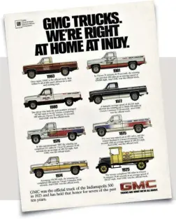  ??  ?? In 1973, GMC trucks were used as support trucks alongside the 1973 Cadillac Eldorado pace car. These trucks just followed the standard protocol set in the past and were nothing particular­ly special. Things changed in 1974. The Hurst/olds Cutlass was selected for the 1974 Indy 500 pace car, and this meant that GMC trucks were used in the field and this time GMC decided to take advantage of the opportunit­y. Other GM divisions had the ability to have one of their cars selected as a pace car, which of course was a great marketing opportunit­y. GMC, being a truck only manufactur­er, would not have this opportunit­y so they decided to release a special package for the Indy 500 official truck.