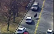  ?? AP FILE ?? In this image taken from video provided by WABC, a bull that escaped from a local slaughter house is pursued by police in New York.