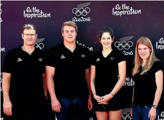  ??  ?? New Zealand athletes, Stuart Farquhar, Jacko Gill, Eliza McCartney and Angie Petty pose for a photo after being named in the New Zealand Olympic team selection announceme­nt in Auckland yesterday.