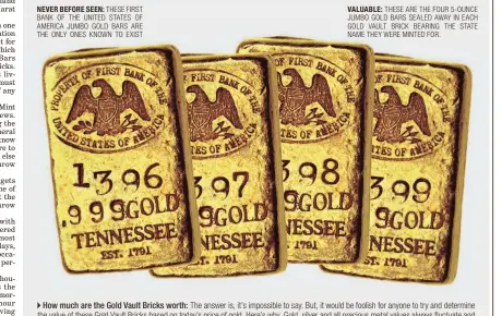  ??  ?? How much are the Gold Vault Bricks worth: The answer is, it’s impossible to say. But, it would be foolish for anyone to try and determine the value of these Gold Vault Bricks based on today’s price of gold. Here’s why. Gold, silver and all precious metal values always fluctuate and there are never any guarantees. But what we do know is that these are the only Gold Vault Bricks still loaded with four 5-ounce Jumbo State Bars known to exist. In fact, the value of the pure 24 Karat Gold layered content is just a bonus for anyone lucky enough to get one of these Gold Vault Bricks because there’s no telling how much the actual collector value could be worth. That makes the minimum gold fee set for state residents of just $ 245 per bar which totals $ 980 for all four Jumbo State Bars locked away inside these Gold Vault Bricks a real steal since residents living outside of the designated 9 states must pay $ 620 per bar, which totals $ 2,480, if any remain.
Why the vault fee is so low: Since thousands of U.S. residents stand to miss the deadline to claim the gold, Federated Mint has re-allocated Gold Vault Bricks to be sent out in the next 48 hours. That means the gold is up for grabs and now residents in 9 states can claim the Gold Vault Bricks for themselves and keep all the valuable bars found inside. These are the only Gold Vault Bricks known to exist and ever yone wants them. That’s because they’re still loaded with four 5-ounce Jumbo State Bars layered in valuable 24 Karat Gold bearing the name of The First Bank of the United States of America and the state they were minted for. That’s four massive bars weighing a full 20 ounces of 24 Karat Gold and valuable bullion copper in all. And here’s the best par t. If you live in one of the 9 states listed in today’s publicatio­n you cover only the minimum gold fee set for state residents of just $ 245 per bar. That’s a real steal because residents living outside of the designated 9 states must pay $ 620 per bar if any remain.