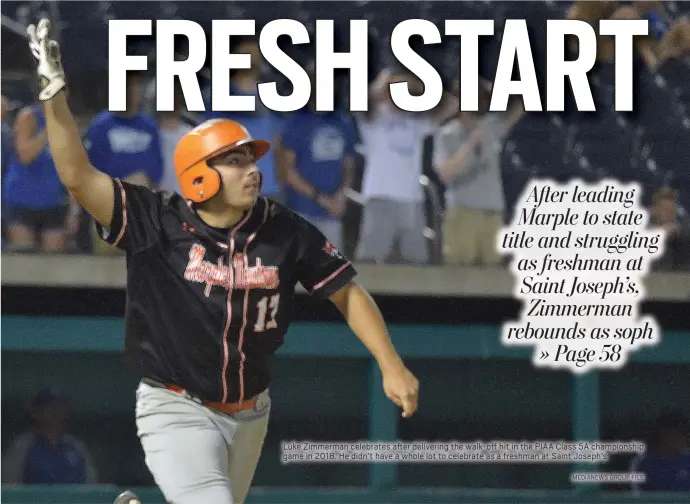  ?? MEDIANEWS GROUP FILE ?? Luke Zimmerman celebrates after delivering the walk-off hit in the PIAA Class 5A championsh­ip game in 2018. He didn’t have a whole lot to celebrate as a freshman at Saint Joseph’s