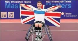  ?? (Photo by Ben Hoskins/Getty Images for The Tennis Foundation) ?? Alfie Hewett celebrates winning the mens final against Gordon Reid at he NEC Wheelchair Tennis Masters at Loughborou­gh University.