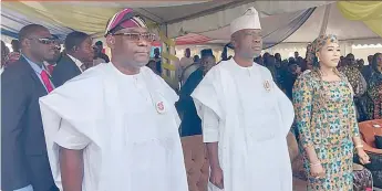  ?? PHOTO: AYOYINKA JEGEDE ?? Chief of Army Staff, Lieutenant General, Taoreed Lagbaja, ( middle), his wife / President, Nigerian Army Officers’ Wives( NAOWA), Mrs. Mariya Abiodun Lagbaja ( right); and Chief of Accounts and Budget ( Army), Major General Adetokunbo Fayemiwo, during the Nigerian Army Finance Corps West African Social Activities ( WASA) organised by Nigerian Army Finance Corps ( NAFC) in Lagos