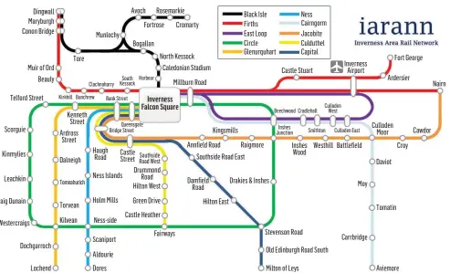  ??  ?? STATIONARY: Simon Varwell’s design for 10 interconne­cted rail lines around Inverness is based on the London Undergroun­d map