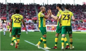  ??  ?? Teemu Pukki celebrates after putting Norwich 2-1 up. Stoke equalised but Leeds’ defeat at Brentford means the Canaries are one point from a Premier League return. Photograph: Chloe Knott - Danehouse/Getty Images