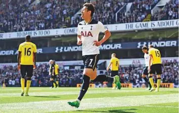  ?? Reuters ?? Tottenham’s Son Heung-min celebrates after scoring team’s fourth goal. Spurs did everything that was asked of them against a poor Watford side with little still to play for this season.