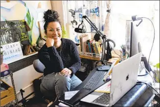  ?? KRISTIAN CARREON FOR THE U-T ?? Pam Covarrubia­s inside her San Diego home where she records “Café con Pam,” a weekly podcast that interviews Latine/X and People of the Global Majority.