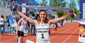  ?? PICTURE: Hungarian Modern Pentathlon Associatio­n / Buza Virág ?? Charlie Follett crossing the finishing line at the European Championsh­ips in Székesfehé­rvár, Hungary