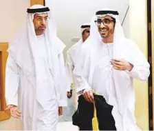  ?? Abdul Rahman/Gulf News ?? Nasser Bin Thani Al Hameli (right) and Ahmad Shabeeb Al Daheri, FNC secretary-general, arrive for the FNC session in Abu Dhabi on Tuesday.