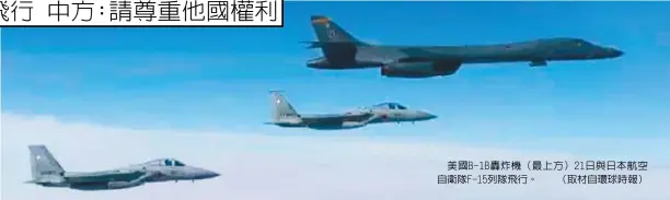  ??  ?? 美國B-1B轟炸機（最上方）21日與日本航空自衛­隊F-15列隊飛行。 （取材自環球時報）