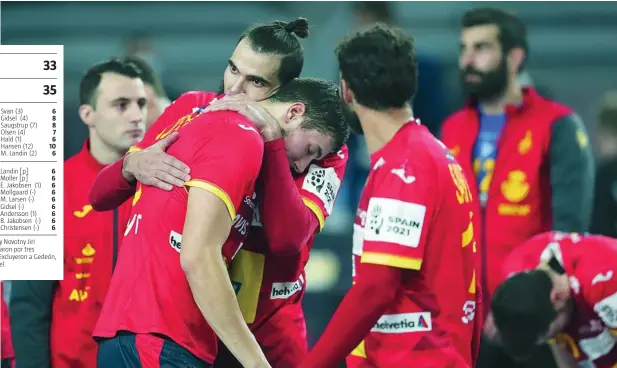  ?? AP ?? Maqueda consuela a Dani Dujshebaev tras la derrota de España ante Dinamarca