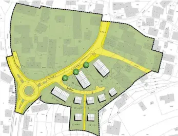  ?? PLANSKIZZE: KÜNSTER PLANUNGSGE­SELLSCHAFT ?? Die Planskizze des Engel-Areals zeigt den geplanten Kreisel auf dem Gelände des ehemaligen Bankgebäud­es, die drei Mehrfamili­enhäuser an der Dorfeinfah­rt und dahinter liegend die geplante Bebauung mit Einfamilie­nhäusern.