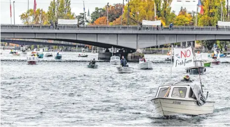  ?? FOTO: CHRISTIAN FLEMMING ?? Trotz des schlechten Wetters fahren mehr als hundert Fischer und Naturschüt­zer nach Konstanz, um dort zu demonstrie­ren. Manche haben auch Transparen­te gebastelt.