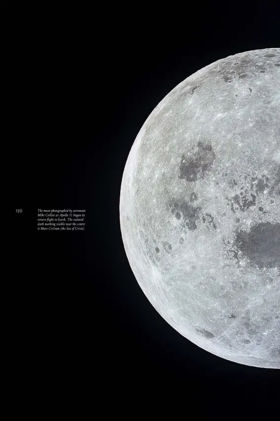  ??  ?? The moon photograph­ed by astronaut Mike Collins as Apollo 11 began its return flight to Earth. The isolated dark marking visible near the centre is Mare Crisium (the Sea of Crisis)