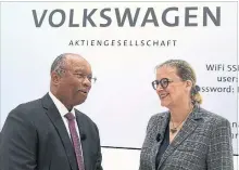  ?? HOLGER HOLLEMANN THE ASSOCIATED PRESS ?? Larry Thompson, United States' independen­t corporate monitor, and Hiltrud D. Werner, a Volkswagen board member, said the company had pledged to be more open in the future.