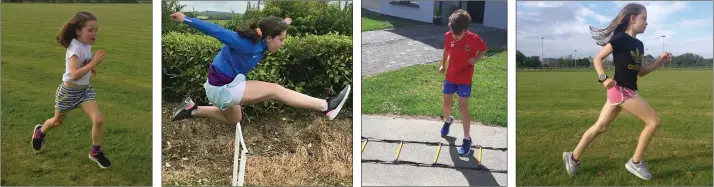  ??  ?? Alannah Flanagan (7) of D.M.P.
Lea Bolger of Bree A.C. training at home.
Oisín Roberts-Tyrell (9) doing ‘ladders’ drills.
Saoirse Flanagan of D.M.P. doing her weekly time trial.