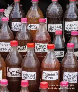  ??  ?? Delven Adams and his mum; bottles for sale at the market