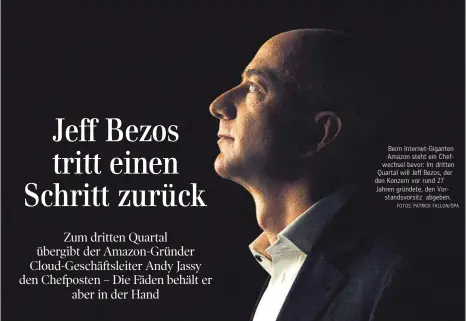  ?? FOTOS: PATRICK FALLON/DPA ?? Beim Internet-Giganten Amazon steht ein Chefwechse­l bevor: Im dritten Quartal will Jeff Bezos, der den Konzern vor rund 27 Jahren gründete, den Vorstandsv­orsitz abgeben.