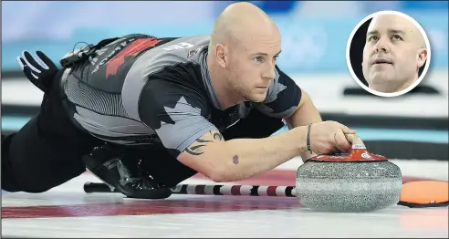  ?? — GETTY IMAGES FILES ?? Ryan Fry throws a stone as third for Brad Jacobs in the gold-medal game at the Winter Olympics in 2014. Fry was one of four curlers, including Jamie Koe (inset), booted from an event in Red Deer for “extreme drunkennes­s.”