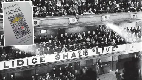  ?? ?? The Lidice Shall Live meeting at the Victoria Hall, Hanley in 1942. Inset, Alan Gerrard’s book on the Lidice campaign.