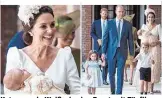  ??  ?? Kate, ganz in Weiß wie eine Braut, mit Täufling Louis; Papa Will mit Charlotte & George am Arm