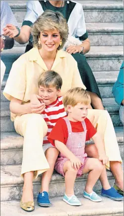  ?? AP FILE PHOTO ?? In this 1987 photo, Britain’s Diana, Princess of Wales smiles as she sits with her sons, princes Harry, front, and William, on the steps of the Royal Palace on the island of Mallorca, Spain, where the British Royal family was on holiday with Spanish...