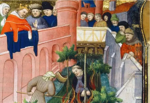  ??  ?? Détail d’une enluminure (1410) représenta­nt le supplice de Jacques de Molay à Paris en présence de Philippe IV.