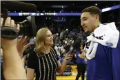  ?? JANE TYSKA — BAY AREA NEWS GROUP, FILE ?? NBC Sports Bay Area sideline reporter Kerith Burke, above interviewi­ng the Warriors’ Klay Thompson after a game in December 2017, will handle pregame and postgame duties as part of an all-female radio broadcast crew for Golden State’s upcoming home game against the Chicago Bulls.