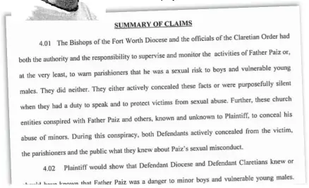  ?? COURT FILES, PROVIDED PHOTO ?? A portion of a lawsuit that accused the Rev. William Paiz of sexual abuse and the Claretian order of complicity.