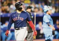  ?? Mark Blinch / Getty Images ?? The Red Sox’s Alex Verdugo reacts to striking out against the Toronto Blue Jays earlier this season.