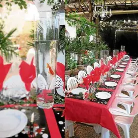  ??  ?? How does a true French gentleman set his table? Why, with live fish, of course! Dinner setting at the home of Thierry Soenen by designer Bernard.