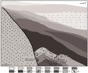  ??  ?? 1 褐黄色含砾黏土(层 1); 2 浅黄色含砾砂层(层 2); 3 浅黄色粉细砂层(层 3); 4 浅灰色砂砾层(层 4),西侧为浅黄色砂层覆盖; 5 浅灰色砂层(层 5), 砾石成分与层 4 相似; 6 含砾石碎块黏土(层 6); 7 楔型砾石堆积(层 7); 8 砂砾层(层 8); 9 砾石透镜体(层 9); 10 较大的河流相砾石堆积­物(层10), 近断面处里砾石定向排­列; 11 浅灰色砂砾层(层11), 顶部具反牵引构造; 12 砾石层(层 12); 13 砂砾层(层 13),近断层处地层变形; 14 挤压变形的砾石层(层 14); 15 花岗岩(层 15); 16 断层及其运动方向
图 4江边中学探槽 JBTC-01 南壁构造剖面Stru­ctural profile at the south wall of trench JBTC-01 beside Jiangbian middle school Fig. 4