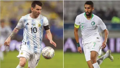  ?? ?? Combinatio­n of file pictures show Argentina’s Lionel Messi (left) controllin­g the ball and Saudi’s midfielder Salman al-Faraj running.