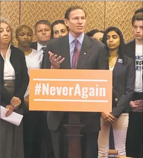  ?? Dan Freedman / Hearst Connecticu­t Media ?? U.S. Sen. Richard Blumenthal at the rollout for legislatio­n to ban gun magazines above 10 rounds.