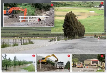  ?? PHOTOS: STAFF PHOTOGRAPH­ERS ?? Water woes . . . 1: Mud, gravel and debris was removed from a creek beside Quail Haven, Roxburgh. 2: Roxburgh golf course had significan­t flooding. 3: A Roxburgh orchard yesterday morning. 4: State Highway 8, near the Roxburgh golf course. 5: Surface flooding in Lawrence yesterday morning.