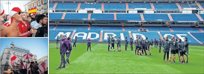  ??  ?? BANDERAZO DE RIVER. La afición de River se concentró en la Puerta del Sol para mostrar el apoyo a su equipo, que pisó el césped del Santiago Bernabéu.