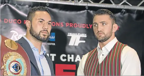  ??  ?? SET FOR A FIRESTORM: Joseph Parker, left, is ready to defend his world heavyweigh­t belt against Hughie Fury tomorrow night