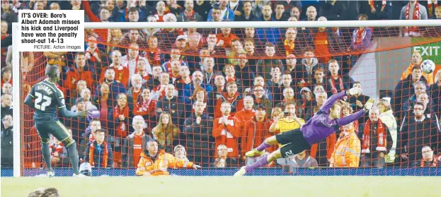  ?? PICTURE: Action Images ?? IT’S OVER: Boro’s Albert Adomah misses his kick and Liverpool have won the penalty shoot-out 14-13