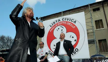  ??  ?? Dieci anni fa A sinistra Beppe Grillo a Treviso con l’euro parlamenta­re David Borrelli che nel 2008 guidava una lista civica. A destra, dall’alto in basso, Silvia Benedetti, Emanuele Cozzolino e lo stesso David Borrelli