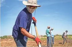  ??  ?? Volunteer Bryant Cruze helps spread mulch for an area to be filled with water.