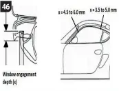  ??  ?? This diagram shows window engagement depth. If not within these ranges, remove trim and grommets in the door subframe to access the clamping bolts and adjust the position of the glass.